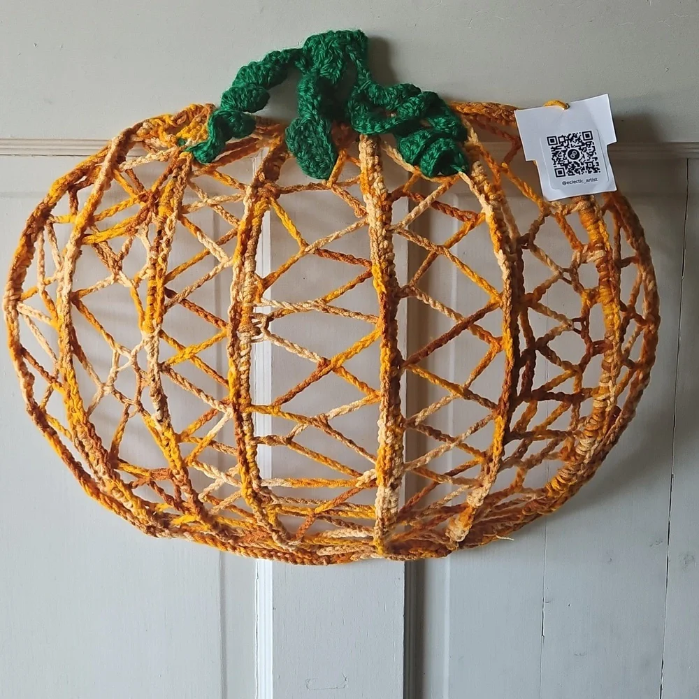 Hand Crafted Crochet Art Door Decor Handmade Holiday Wreath Pumpkin Wall Decor